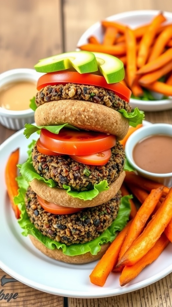 Quinoa and black bean burgers on whole grain buns with lettuce, tomato, and avocado, served with sweet potato fries.